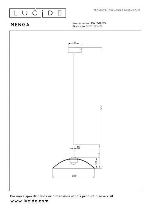 Lucide MENGA - Hanglamp - Ø 60 cm - LED Dimb. - 1x18,6W 2700K - Fumé | Premium - technisch